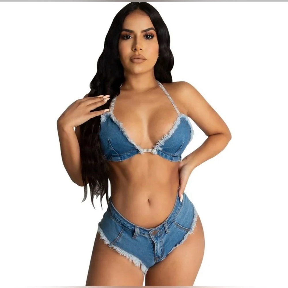 Denim Bikini Set with Frayed Edges